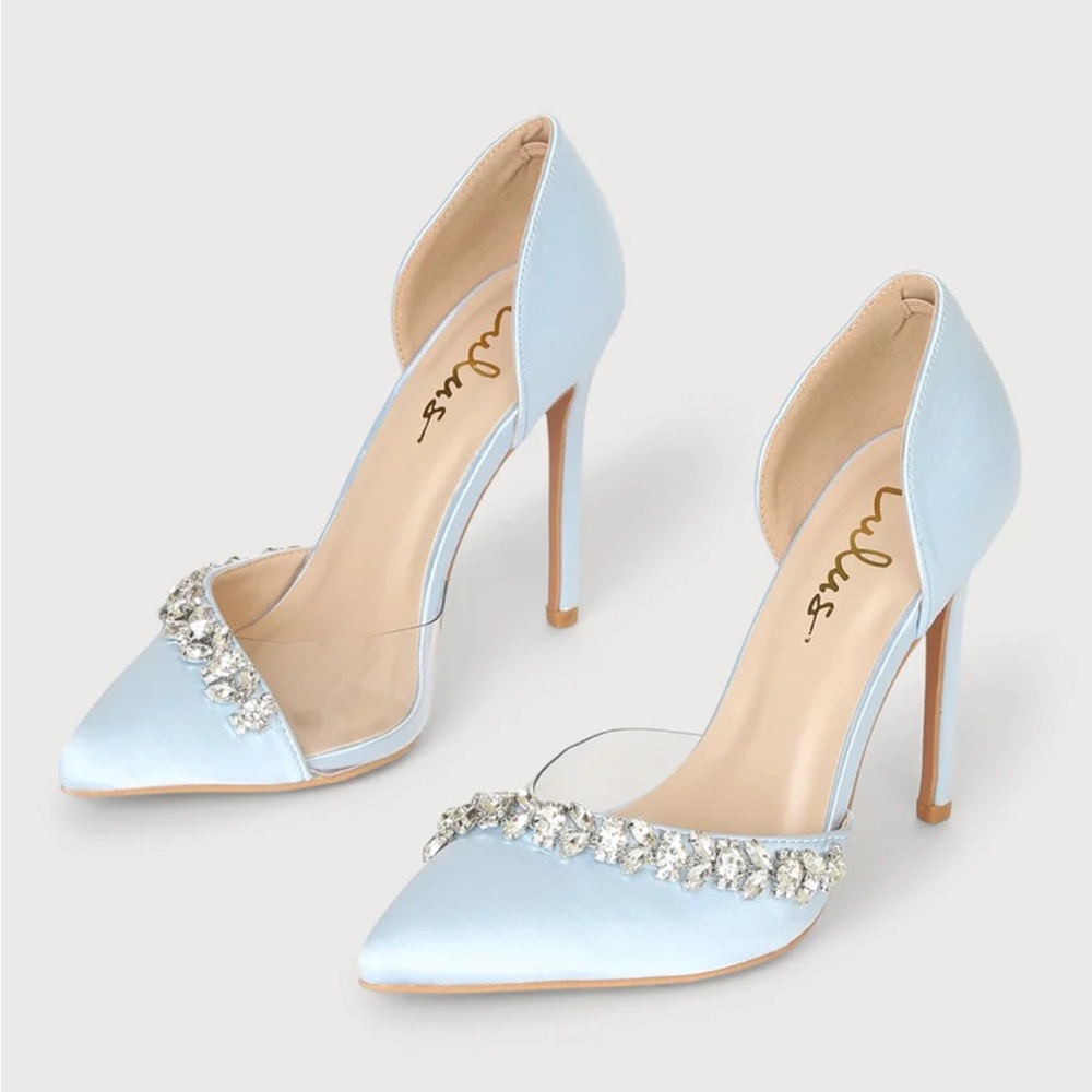 Lulu’s Light Blue Satin Rhinestone Pointed-Toe Pumps *worn once*